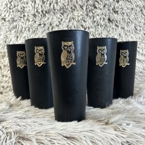 6 Vintage Nasco Black Plastic Drinking Cups Tumblers Gold Owls‎ 70's 80's